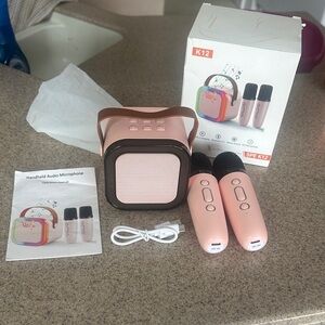 Mini Pink Bluetooth Karaoke Machine Portable Speaker and Microphone Set
